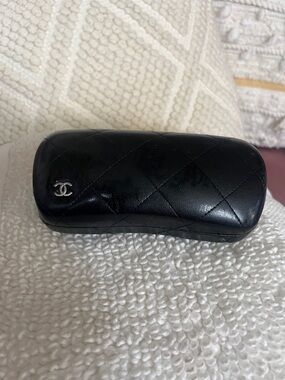 CHANEL Black Quilted Leather Glasses Case with Silver CC Accent